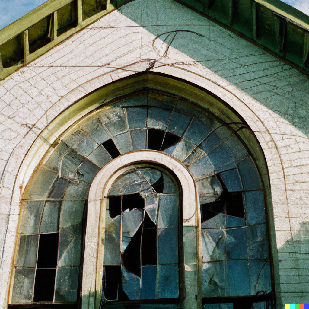 DALL·E 2022-08-10 22.07.42 – a 35mm photograph of a abandoned southern Baptist church with broken stained glass liminal