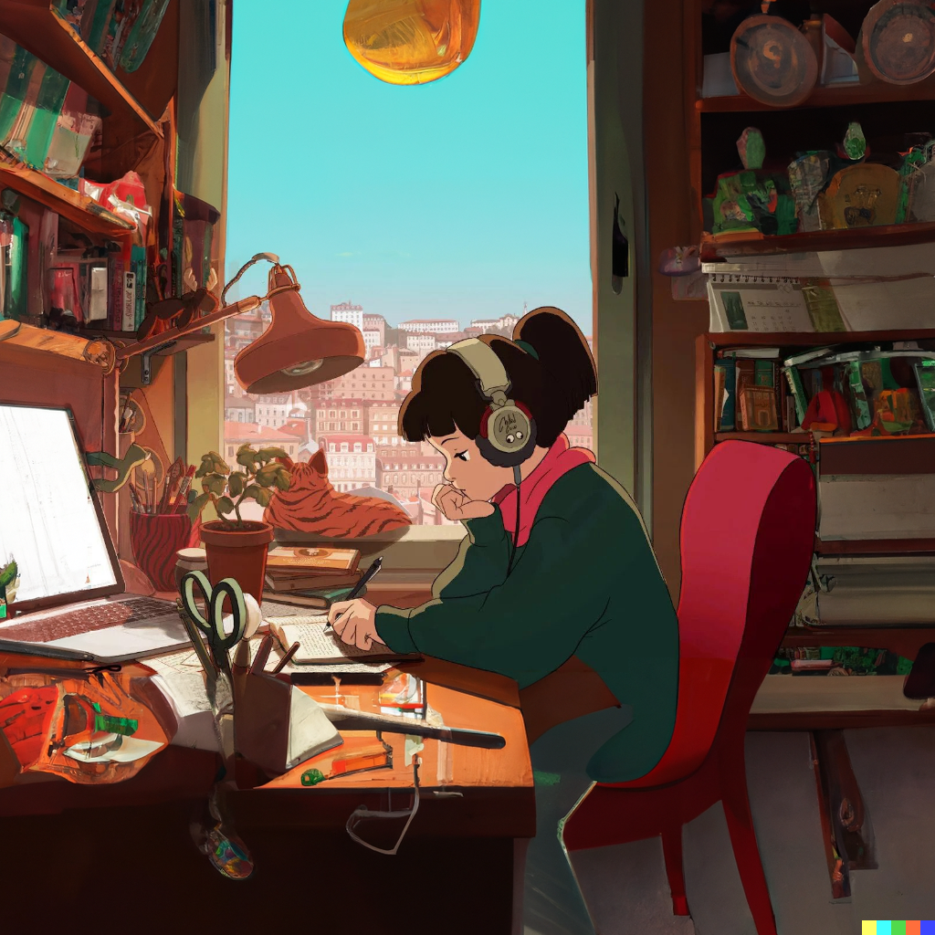 DALL·E 2022-08-10 22.07.51 – lofi girl in a room ghibli style bedroom
