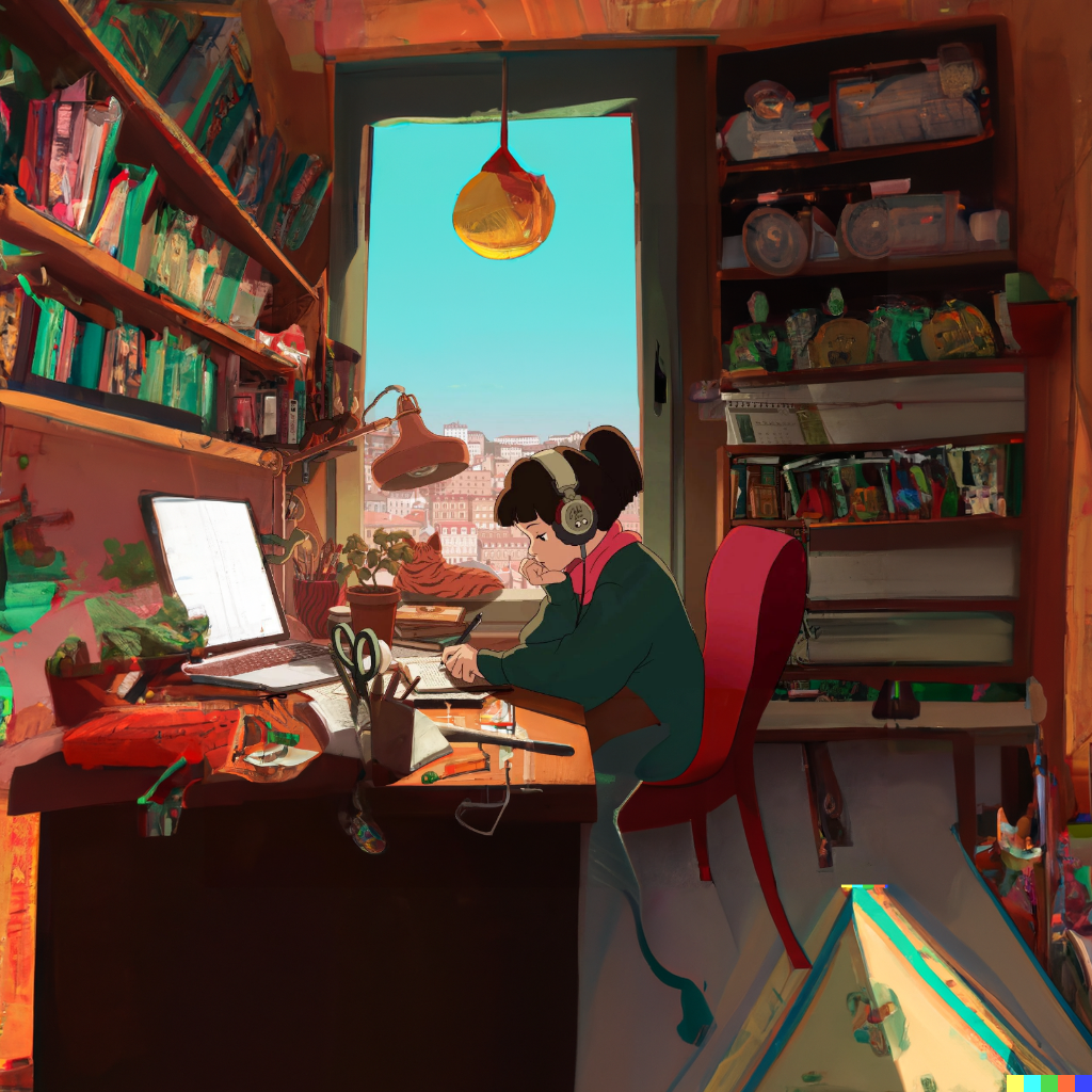DALL·E 2022-08-10 22.07.58 – lofi girl in a room ghibli style bedroom