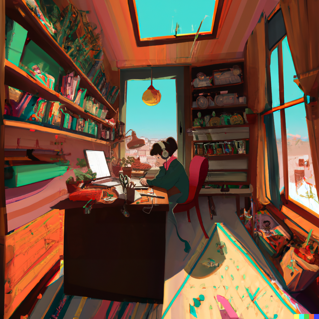 DALL·E 2022-08-10 22.08.09 – lofi girl in a room ghibli style bedroom