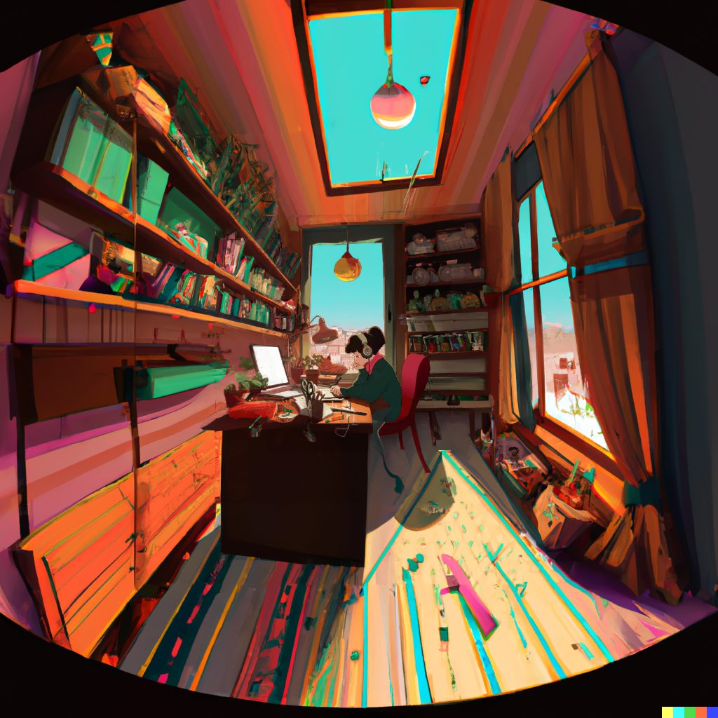 DALL·E 2022-08-10 22.08.32 – looking at lofi girl from outside a window ghibli