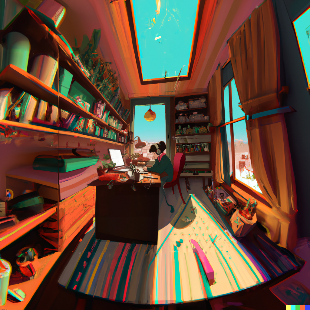 DALL·E 2022-08-10 22.08.44 – looking at lofi girl from outside a window ghibli