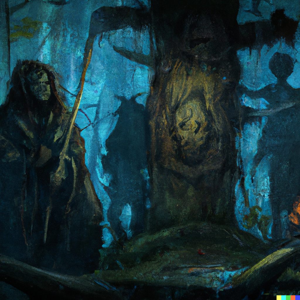 DALL·E 2022-08-10 22.09.18 – dark evil native american skinwalker ritual in grim forest , demonic shrine, digitally painted by Tim Doyle, Kilian Eng and Thomas Kinkade, centered,