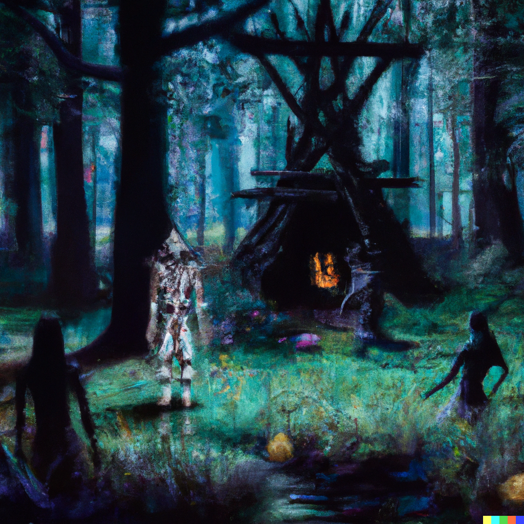 DALL·E 2022-08-10 22.09.23 – dark evil native american skinwalker ritual in grim forest , demonic shrine, digitally painted by Tim Doyle, Kilian Eng and Thomas Kinkade, centered,