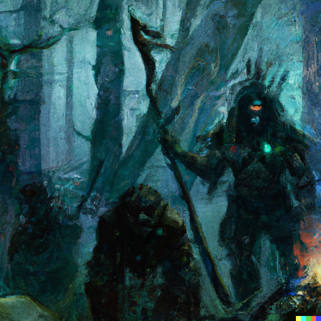 DALL·E 2022-08-10 22.09.27 – dark evil native american skinwalker ritual in grim forest , demonic shrine, digitally painted by Tim Doyle, Kilian Eng and Thomas Kinkade, centered,
