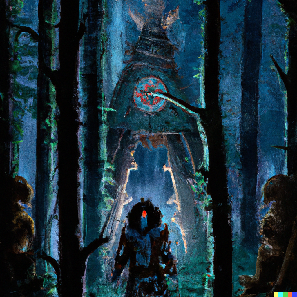 DALL·E 2022-08-10 22.09.57 – dark evil native american skinwalker ritual in grim forest , demonic shrine, digitally painted by Tim Doyle, Kilian Eng and Thomas Kinkade, centered,