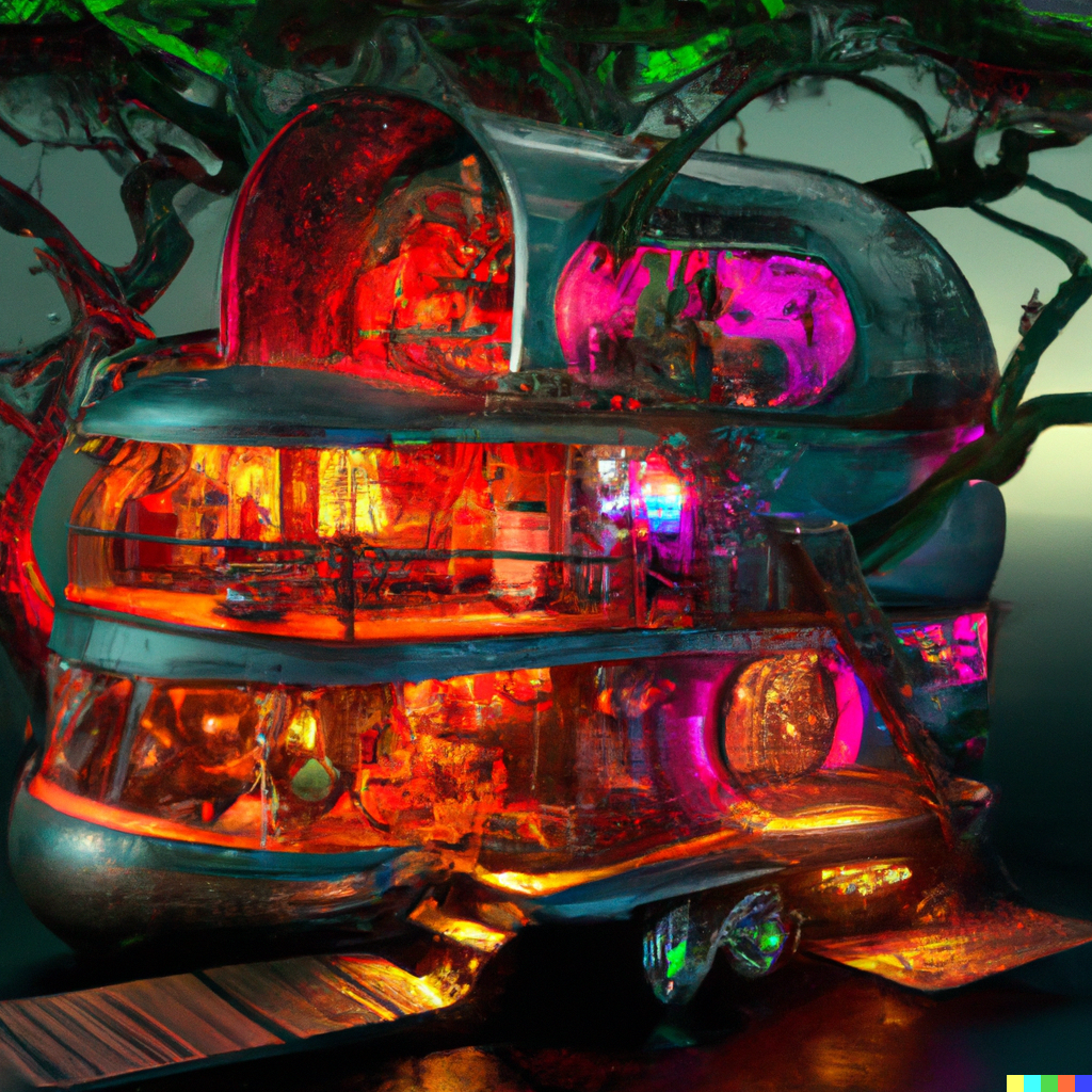DALL·E 2022-08-10 22.10.00 – futuristic airstream treehouse, tiki punk sytle, fine art, digital painting, velvet art, atmospheric lighting, center focus, hyperdetailed, photoreali