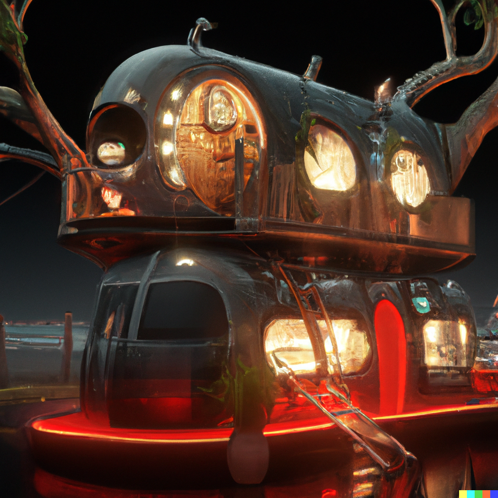 DALL·E 2022-08-10 22.10.06 – futuristic airstream treehouse, tiki punk sytle, fine art, digital painting, velvet art, atmospheric lighting, center focus, hyperdetailed, photoreali