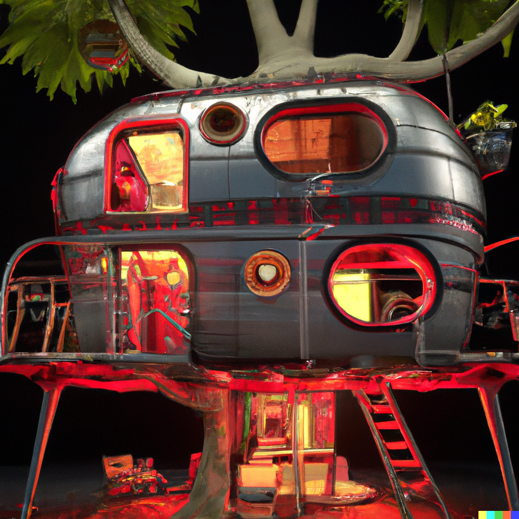 DALL·E 2022-08-10 22.10.09 – futuristic airstream treehouse, tiki punk sytle, fine art, digital painting, velvet art, atmospheric lighting, center focus, hyperdetailed, photoreali