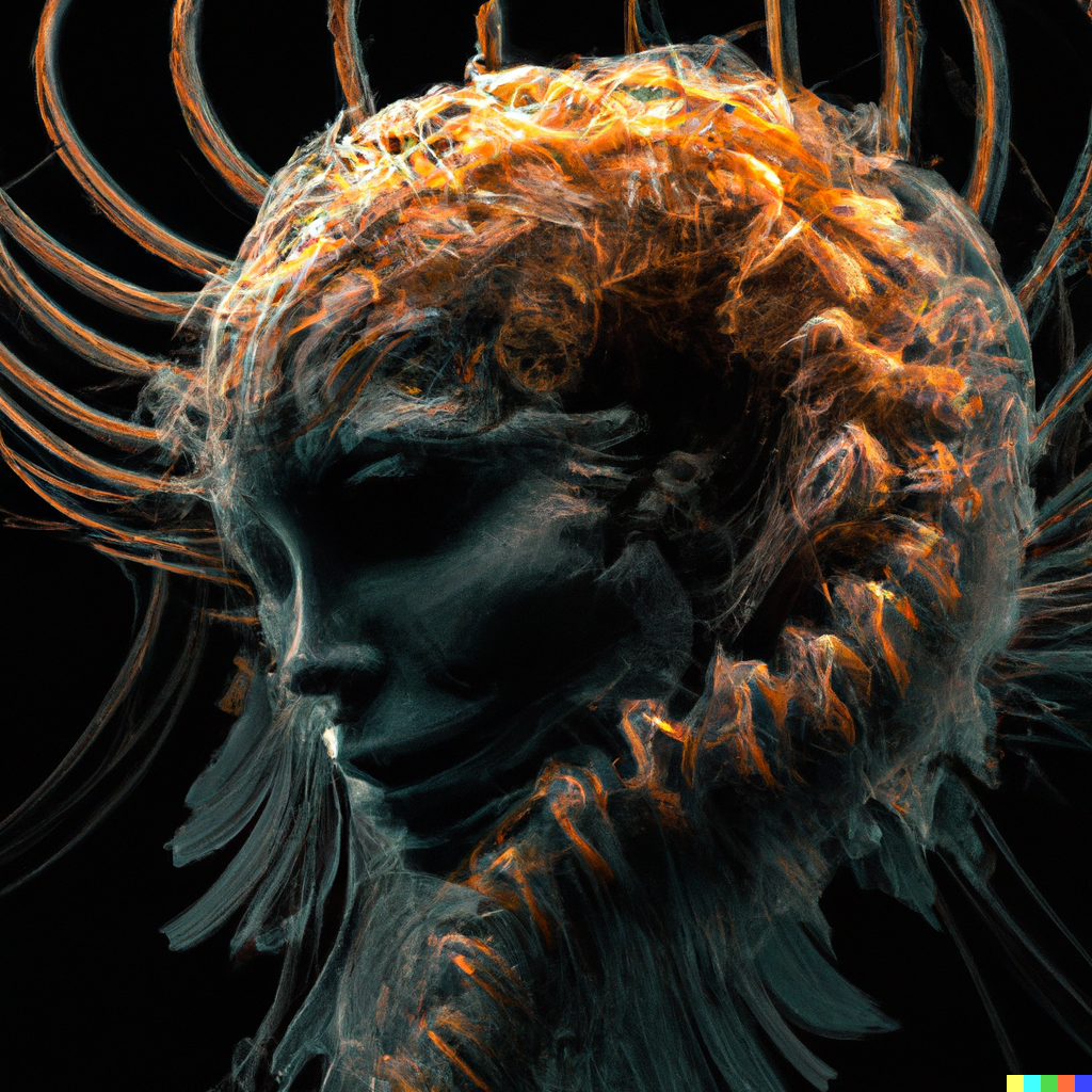 DALL·E 2022-08-10 22.10.30 – goddess close-up portrait. chimera orchid jellyfish phoenix head, nautilus, skull, betta fish, bioluminescent creatures, intricate artwork by Tooth Wu