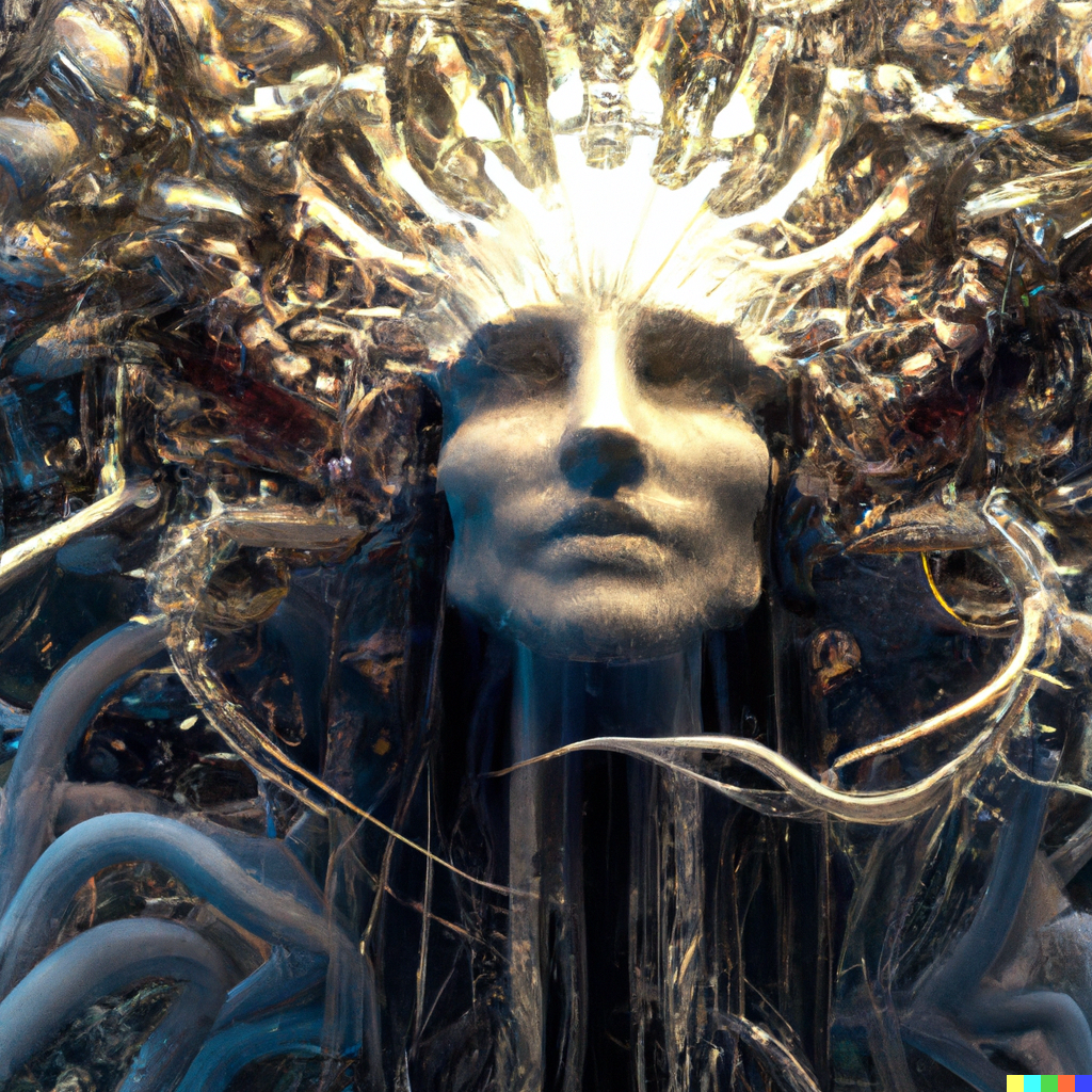 DALL·E 2022-08-10 22.10.34 – goddess close-up portrait. chimera orchid jellyfish phoenix head, nautilus, skull, betta fish, bioluminescent creatures, intricate artwork by Tooth Wu