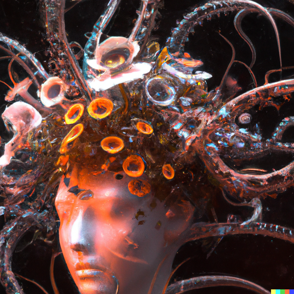 DALL·E 2022-08-10 22.10.37 – goddess close-up portrait. chimera orchid jellyfish phoenix head, nautilus, skull, betta fish, bioluminescent creatures, intricate artwork by Tooth Wu