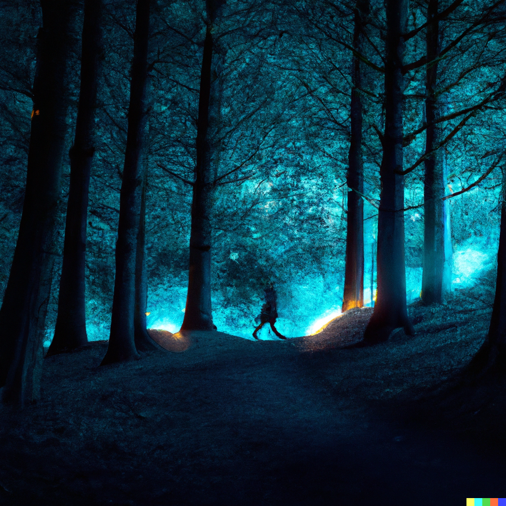 DALL·E 2022-08-10 22.11.23 – walking through a dark forest with glowing floating lights Rob Sheridan