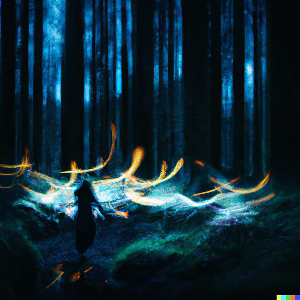 DALL·E 2022-08-10 22.11.27 – walking through a dark forest with glowing floating lights Rob Sheridan