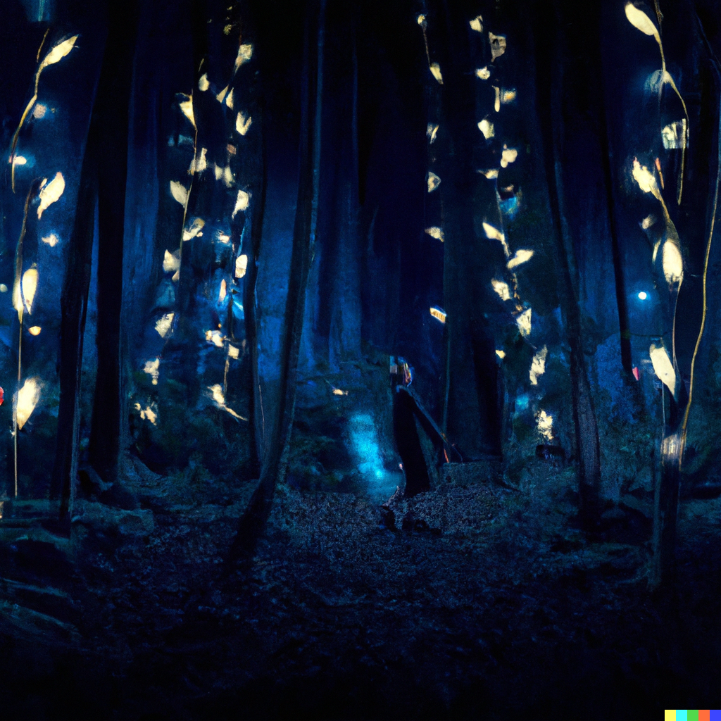 DALL·E 2022-08-10 22.11.30 – walking through a dark forest with glowing floating lights Rob Sheridan