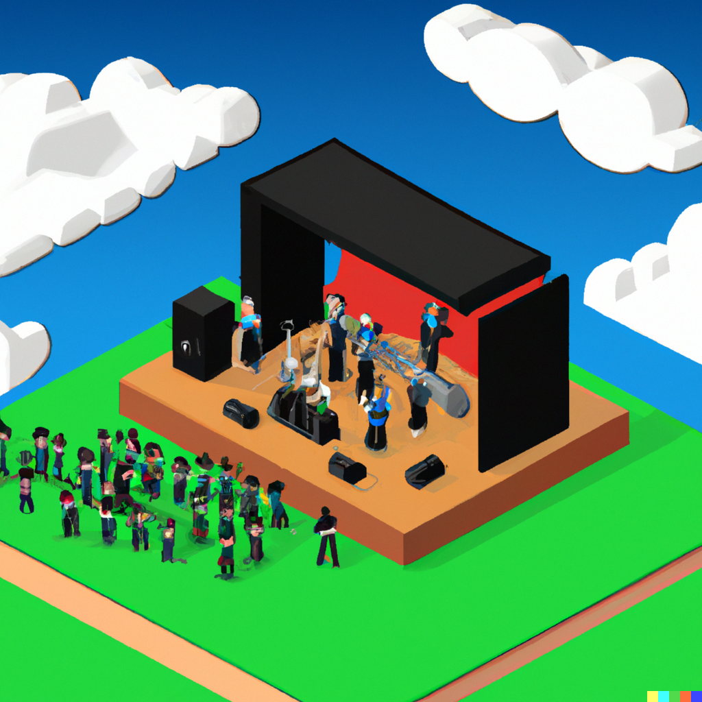 DALL·E 2022-08-10 22.11.45 – isometric view of a live concert held on rolling green grassland with a blue second sky
