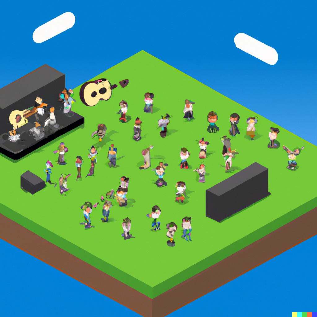 DALL·E 2022-08-10 22.11.53 – isometric view of a live concert held on rolling green grassland with a blue second sky