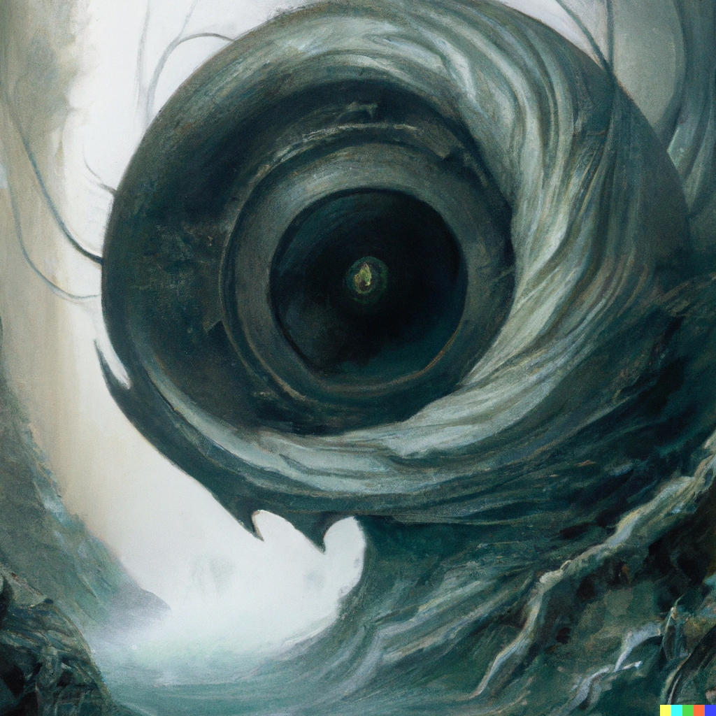 DALL·E 2022-08-10 22.11.59 – a giant monstrous robot head floating through the eye of a hurricane by Zdzisław Beksiński
