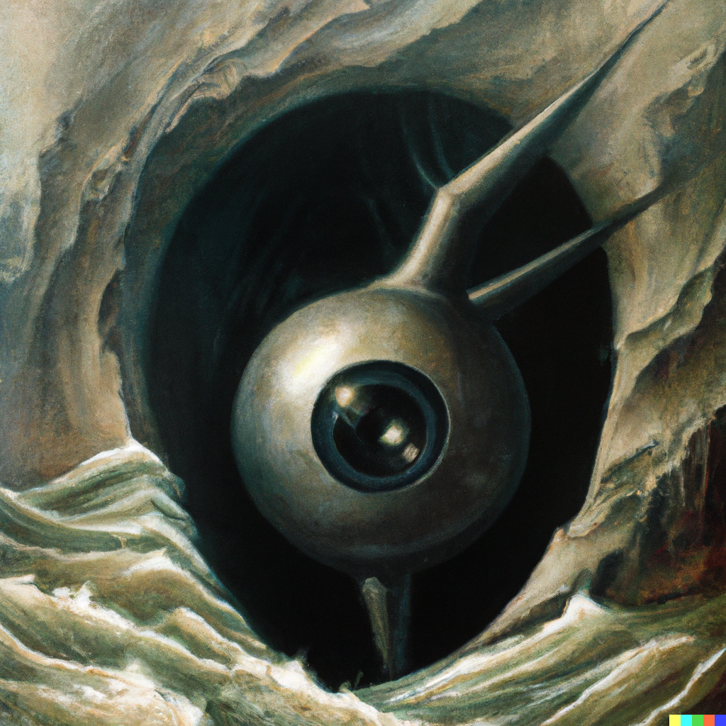 DALL·E 2022-08-10 22.12.03 – a giant monstrous robot head floating through the eye of a hurricane by Zdzisław Beksiński