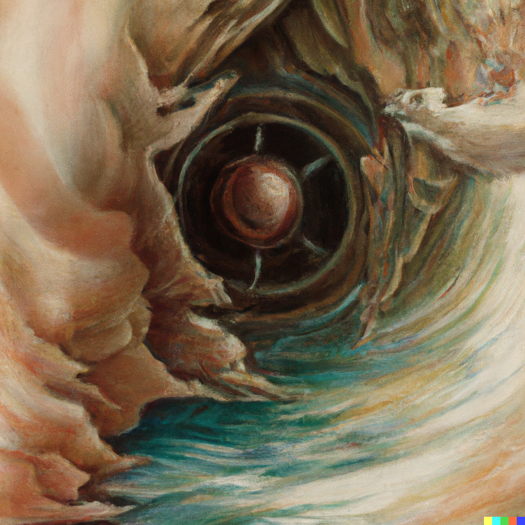 DALL·E 2022-08-10 22.12.05 – a giant monstrous robot head floating through the eye of a hurricane by Zdzisław Beksiński