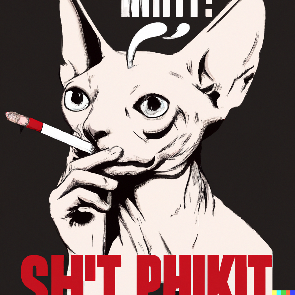 DALL·E 2022-08-13 13.21.56 – Propaganda Poster of a Sphynx Cat smoking a cigarette