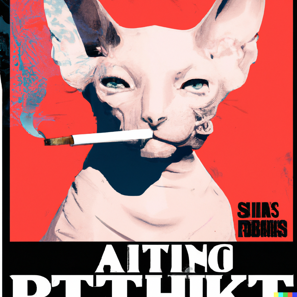 DALL·E 2022-08-13 16.11.15 – Propaganda Poster of a Sphynx Cat smoking a cigarette