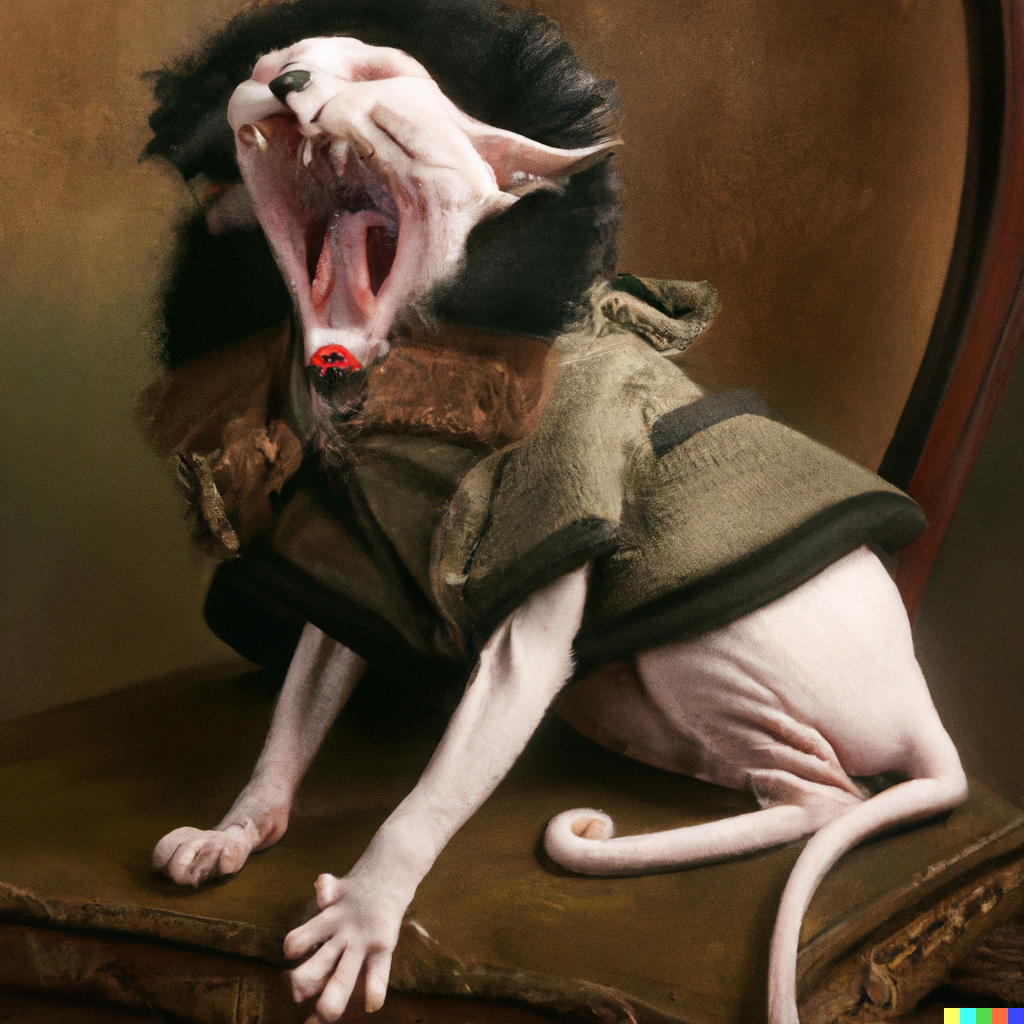 DALL·E 2022-08-13 16.11.41 – yawning sphynx cat in a military suit renaissance painting