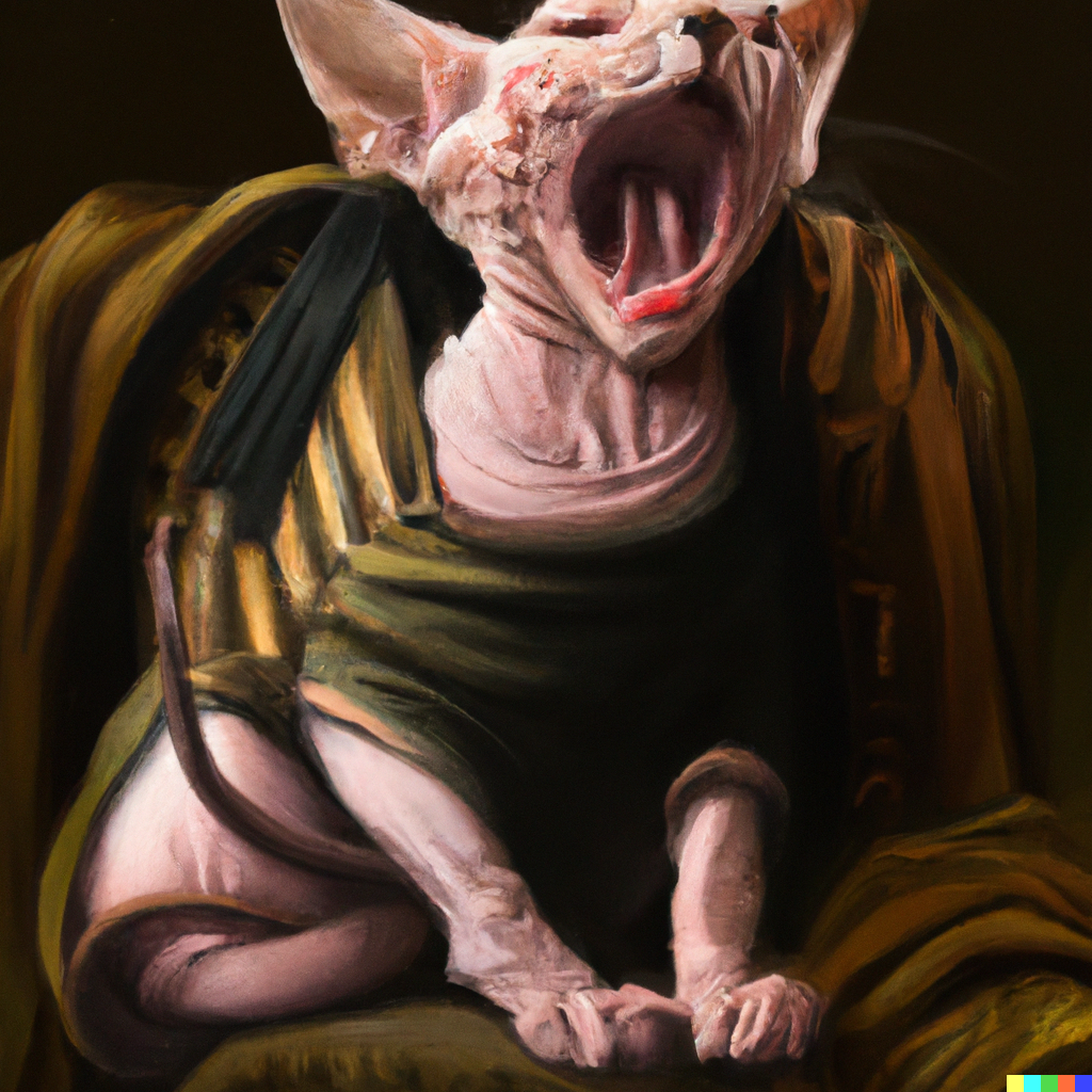 DALL·E 2022-08-13 16.11.51 – yawning sphynx cat in a military suit renaissance painting