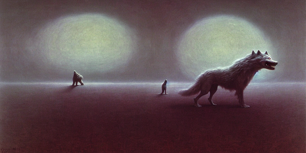 a ghost walking a dire wolf in an alien planet by Zdzisław Beksiński surreal fantasy (1)