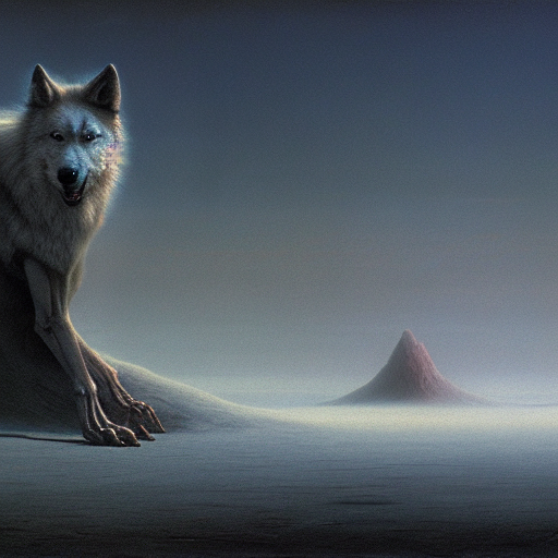 a ghost walking a dire wolf in an alien planet by Zdzisław Beksiński surreal fantasy matte painting trending on artstation HQ