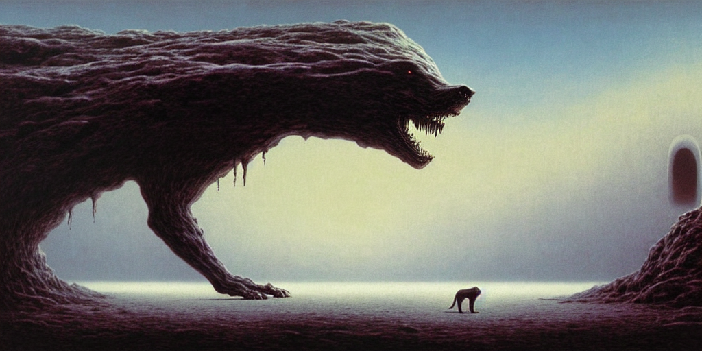 a ghost walking a dire wolf in an alien planet by Zdzisław Beksiński surreal fantasy