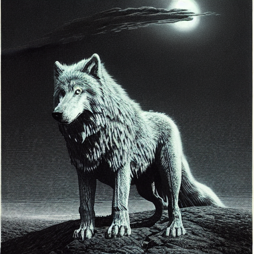 _dire wolf in an alien planet by Zdzisław Beksiński and Gustave Doré