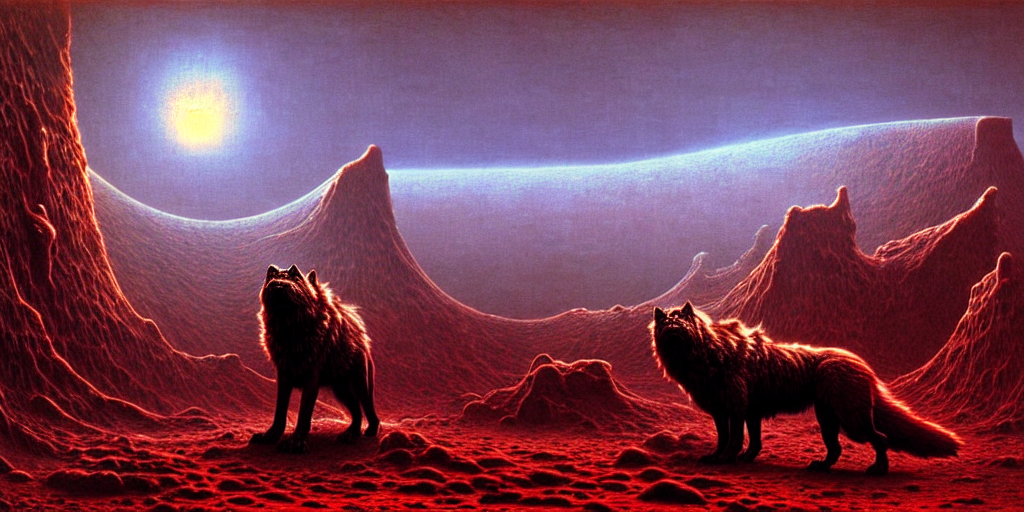 _dire wolf in an alien planet by Zdzisław Beksiński surreal fantasy hellish