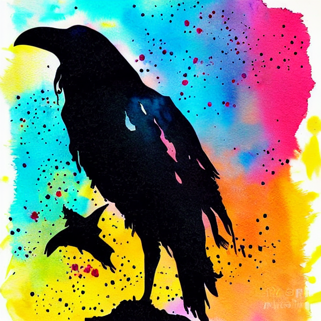 watercolor ink splatter silhouette of a raven with a painting of a beach inside it art station