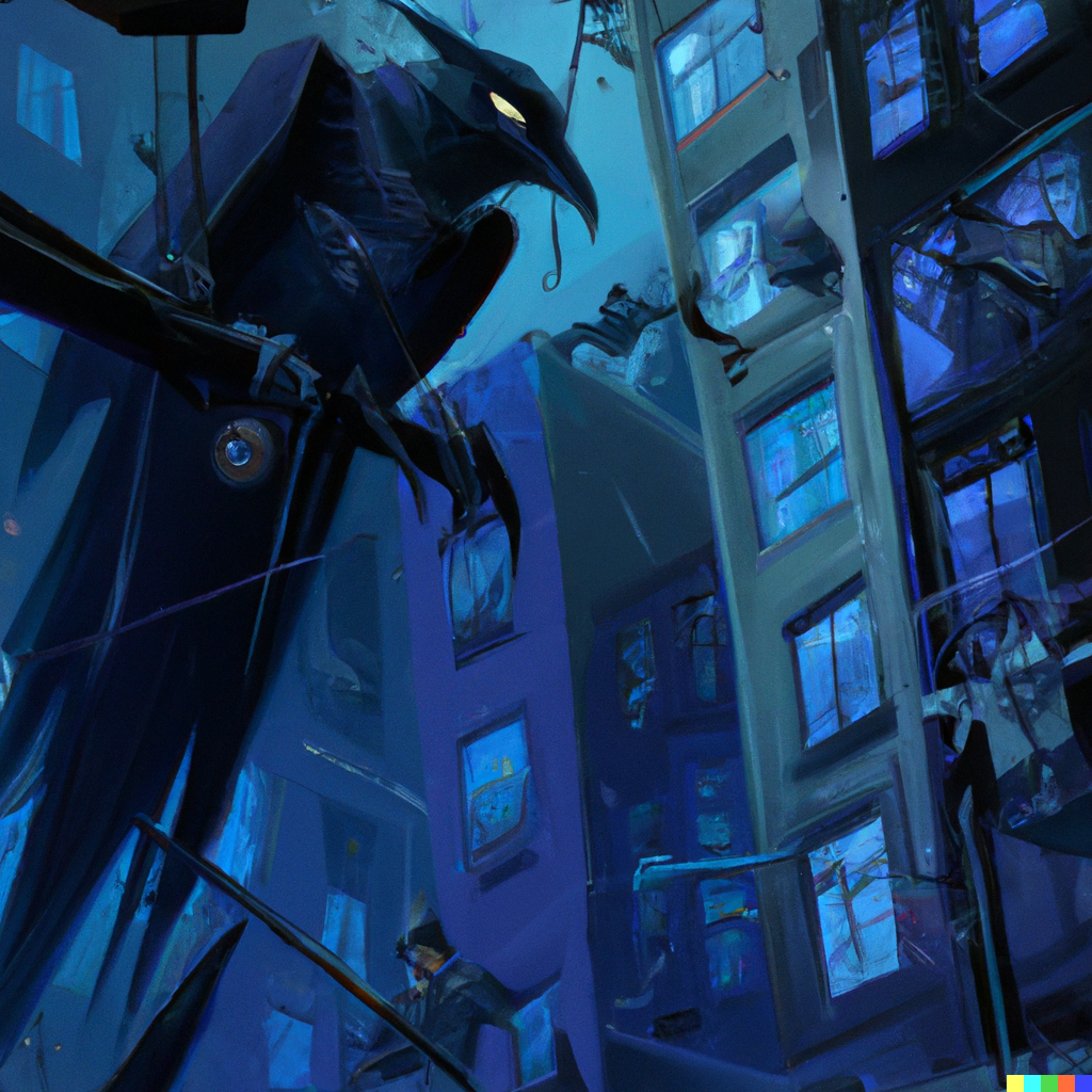 DALL·E 2022-08-20 17.57.00 – dream of a demonic raven in a city by Kilian Eng and Tim Doyle by greg rutkowski