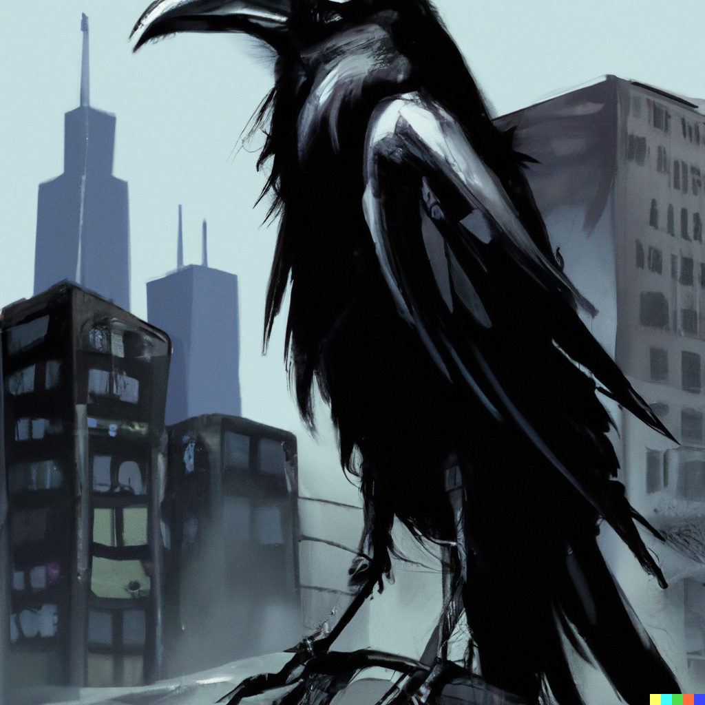 DALL·E 2022-08-20 17.57.51 – demonic raven in a city by Greg Rutkowski