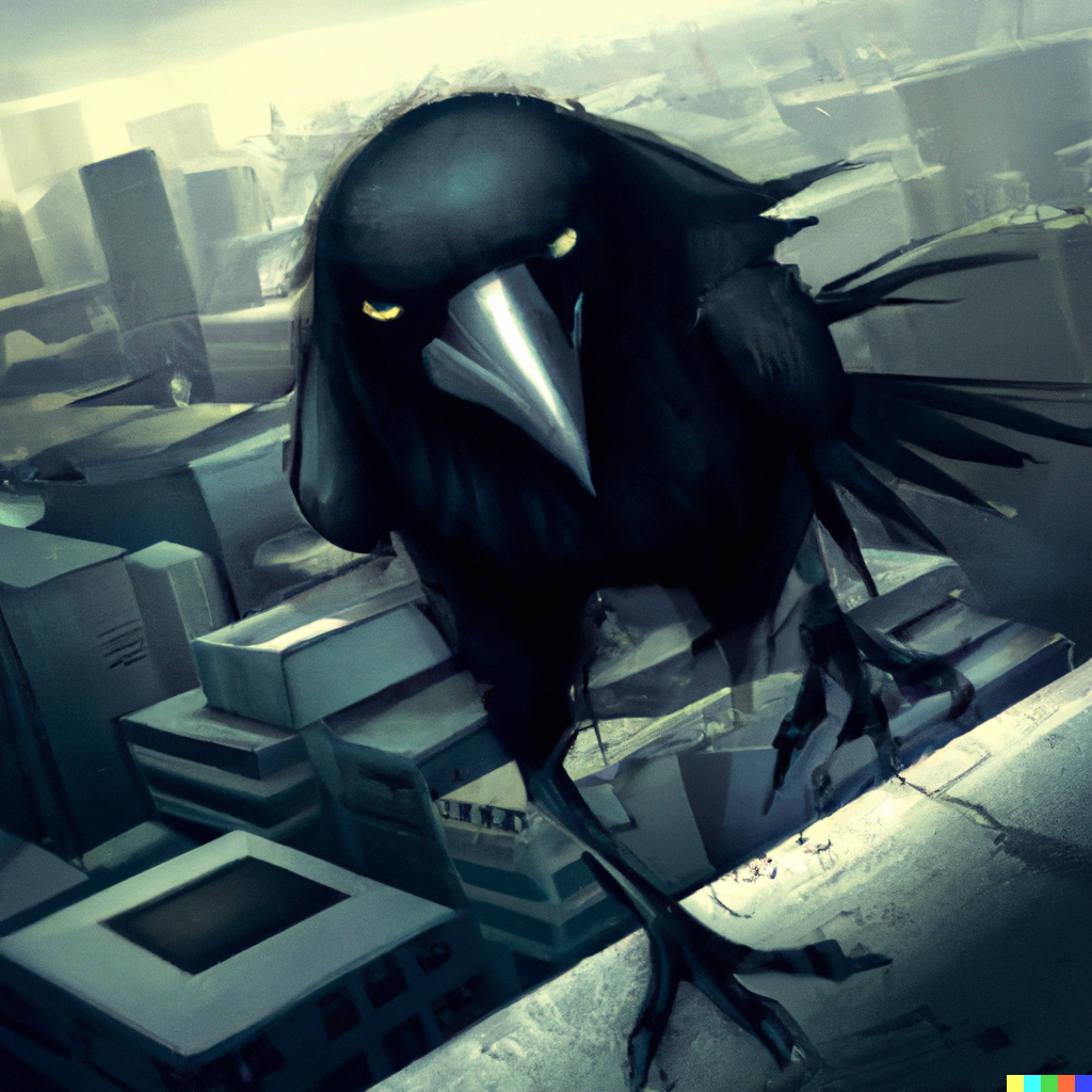 DALL·E 2022-08-20 17.57.56 – demonic raven in a city by Greg Rutkowski