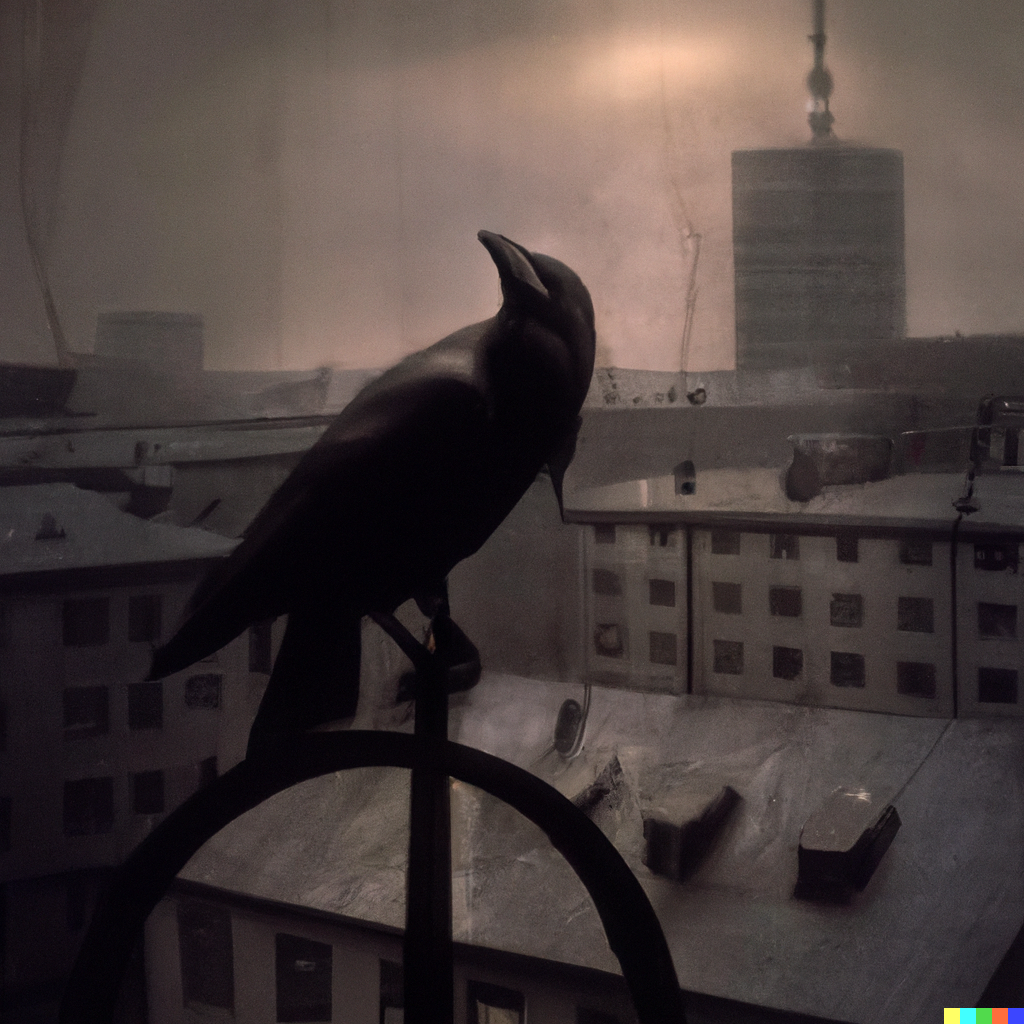DALL·E 2022-08-20 17.58.47 – demonic raven in a city by Greg Rutkowski 35mm city Zdzisław Beksiński