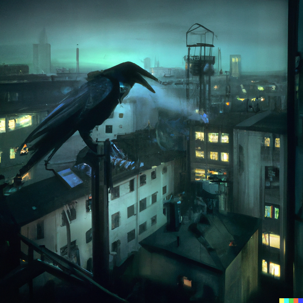 DALL·E 2022-08-20 17.58.49 – demonic raven in a city by Greg Rutkowski 35mm city Zdzisław Beksiński