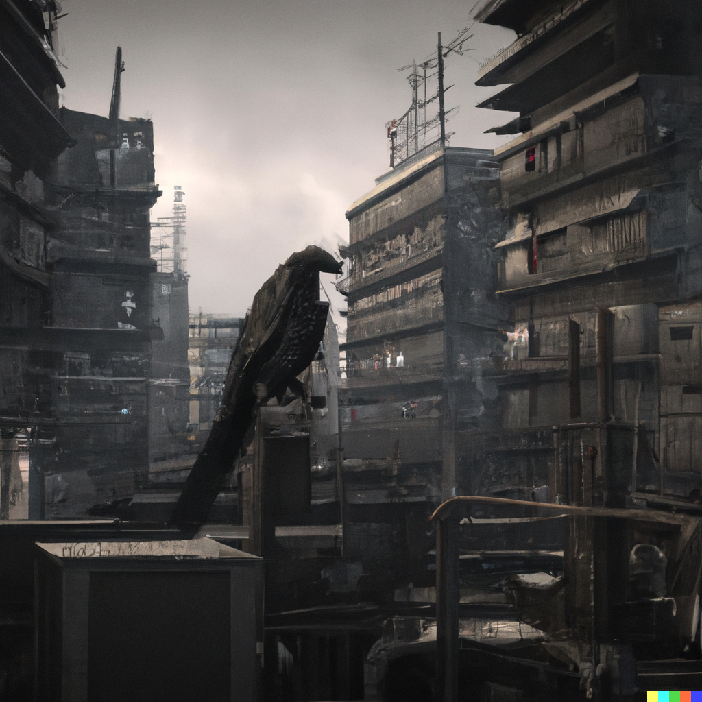 DALL·E 2022-08-20 18.09.38 – evil raven in a city by Greg Rutkowski 35mm city Zdzisław Beksiński octane render