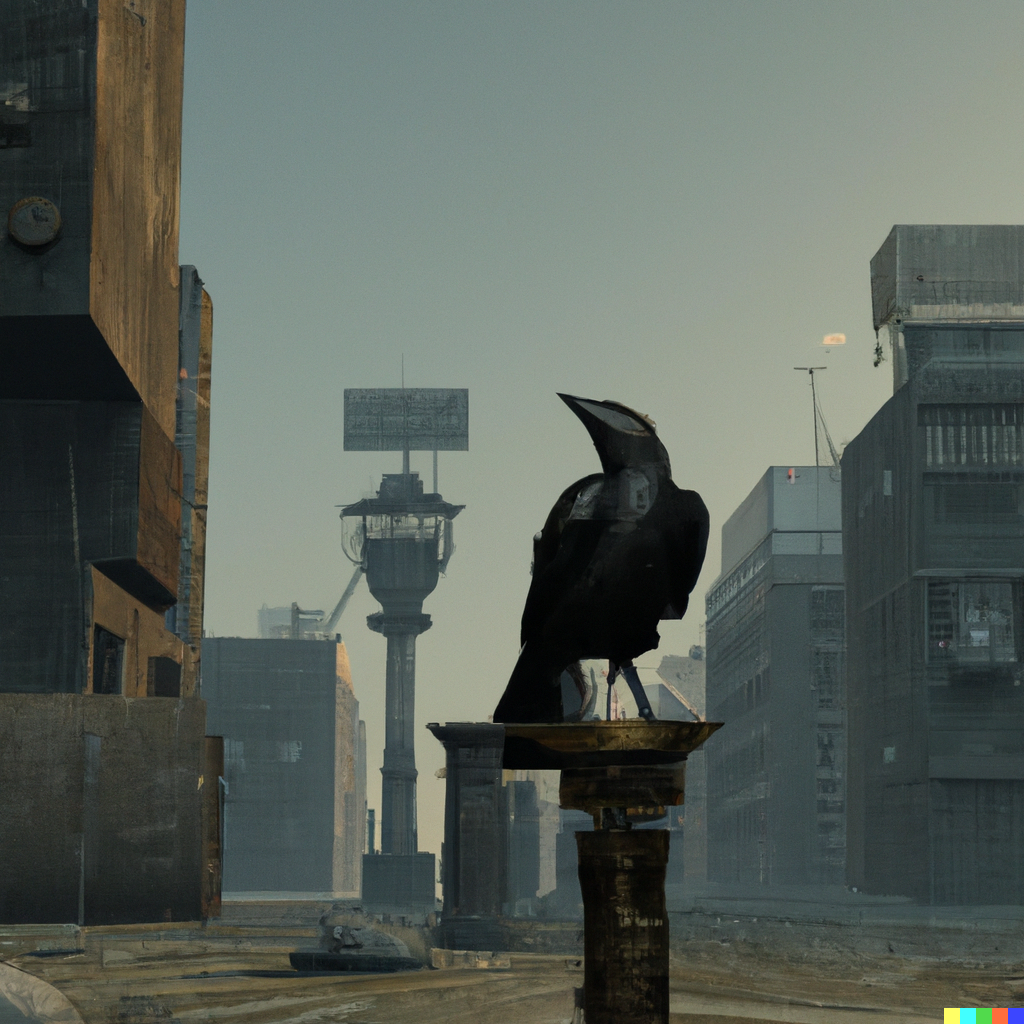 DALL·E 2022-08-20 18.09.45 – evil raven in a city by Greg Rutkowski 35mm city Zdzisław Beksiński octane render