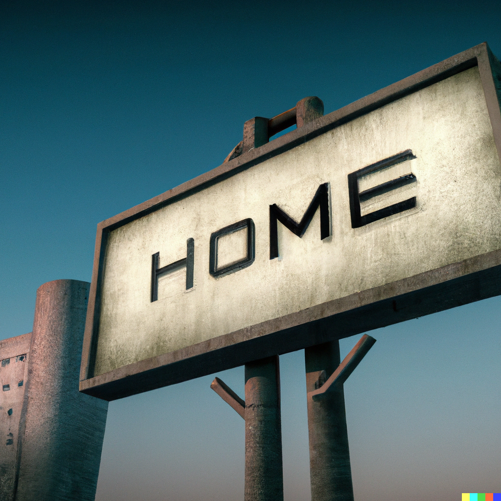 DALL·E 2022-08-25 20.31.36 – a sign in a city that says _home_ Greg Rutkowski 35mm city Zdzisław Beksiński octane render