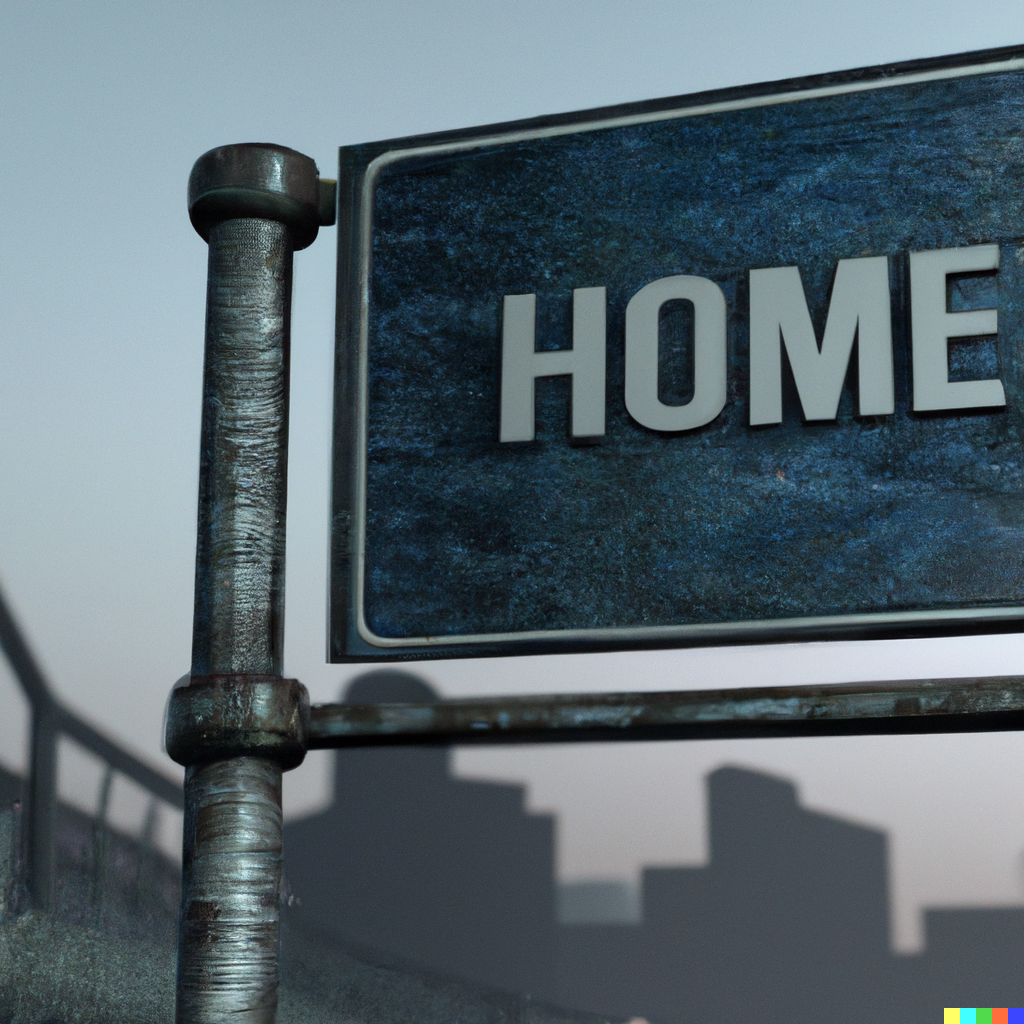 DALL·E 2022-08-25 20.31.38 – a sign in a city that says _home_ Greg Rutkowski 35mm city Zdzisław Beksiński octane render