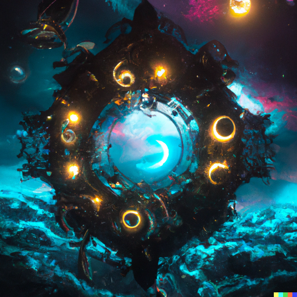 DALL·E 2022-08-26 21.17.12 – a revolving wheel which represents the wheel of life. In each corner of the card we see four winged creatures sitting upon clouds. These creatures rep