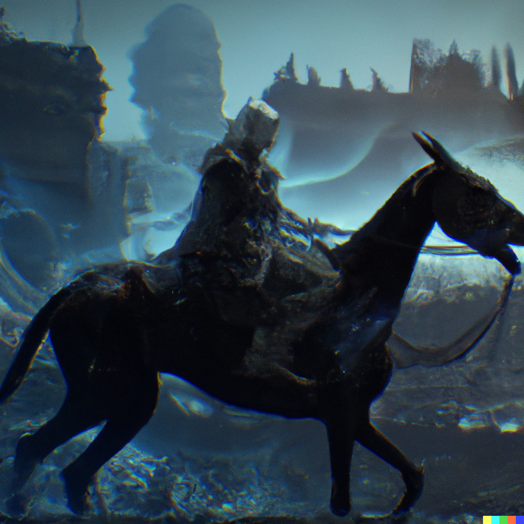 DALL·E 2022-08-26 21.17.27 – Death incarnated as a cloaked skeleton riding a horse wielding a sickle, surrounding it are dead and dying people by jan van eyck gustave dore, cyberp