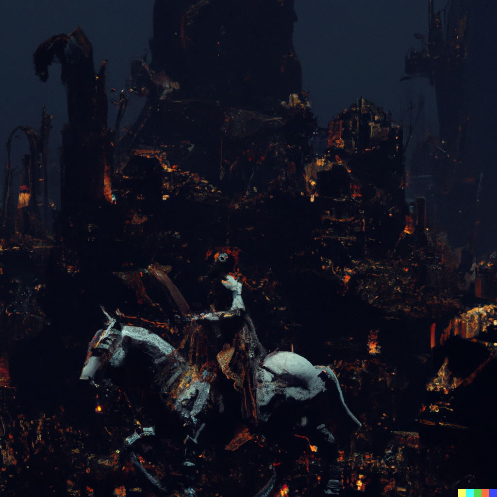 DALL·E 2022-08-26 21.17.34 – Death incarnated as a cloaked skeleton riding a horse wielding a sickle, surrounding it are dead and dying people by jan van eyck gustave dore, cyberp