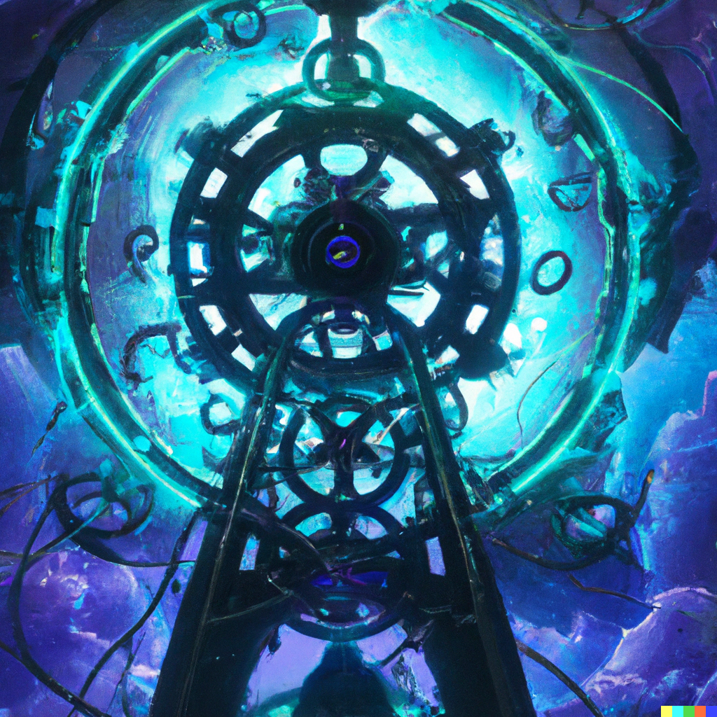 DALL·E 2022-08-26 21.17.50 – _a revolving wheel which represents the wheel of life. In each corner of the card we see four winged creatures sitting upon clouds. These creatures re