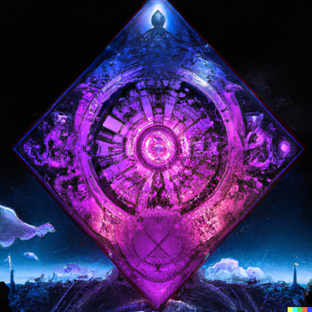 DALL·E 2022-08-26 21.17.58 – _a revolving wheel which represents the wheel of life. In each corner of the card we see four winged creatures sitting upon clouds. These creatures re