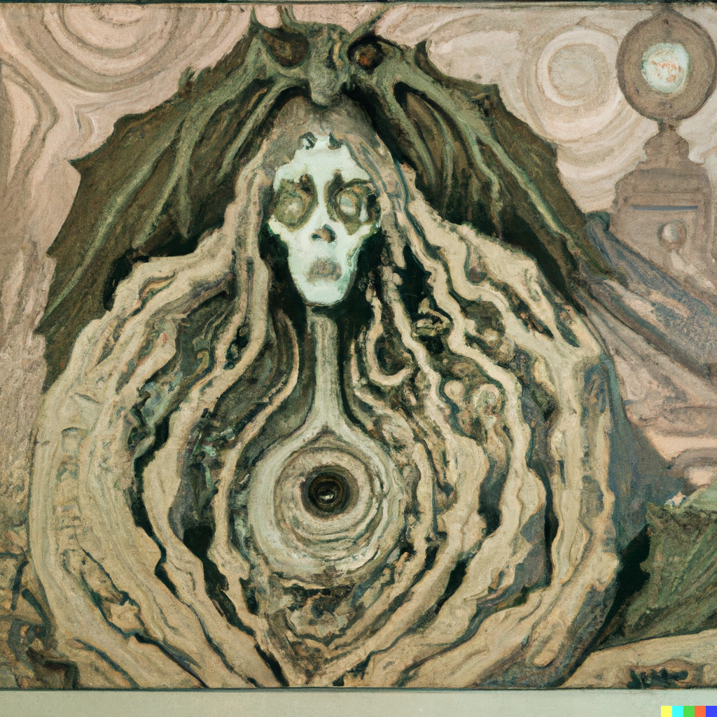 DALL·E 2022-08-31 20.50.24 – portrait of death as a large lovecraftian monster by albert aublet, krenz cushart, artem demura, alphonse mucha