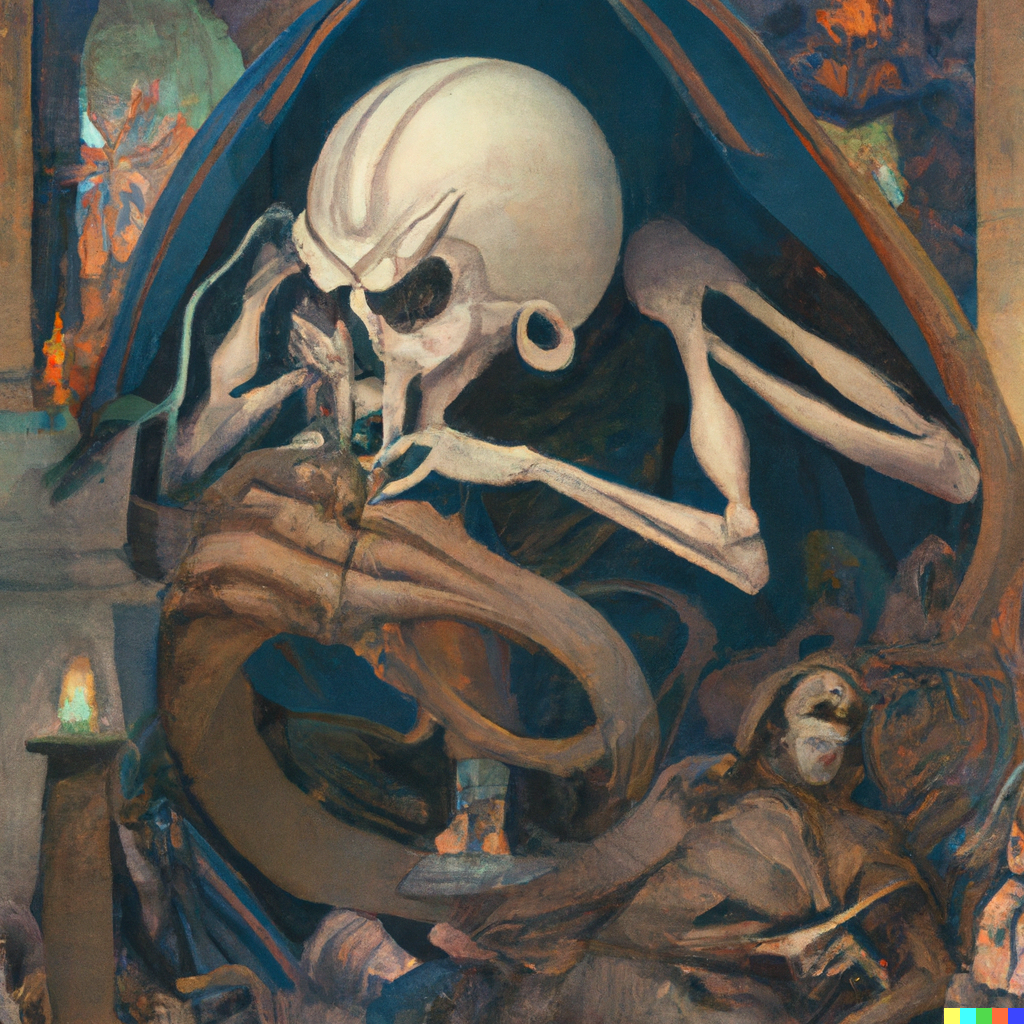 DALL·E 2022-08-31 20.50.29 – portrait of death as a large lovecraftian monster by albert aublet, krenz cushart, artem demura, alphonse mucha